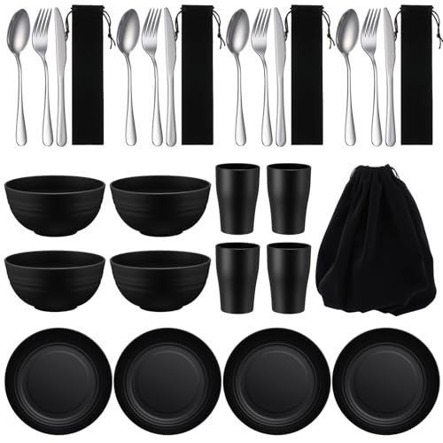 Teenyyou 4 Sets Camping Mess Kits for 4 Person Camping Silverware Set Include Cup, Bowl, Plate, Knife, Spoon, Fork Cutlery Set Unbreakable Wheat Straw Dinnerware Utensils for Travel - color: Black Color
