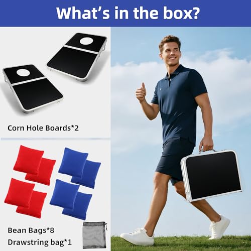 Portable Cornhole Board Set with Aluminum Alloy Edging,2x1.3ft Foldable Corn Hole Games for Adults and Family with 8 Bean Bags for Outdoor Backyard Travel Tailgate Camping - color: Black