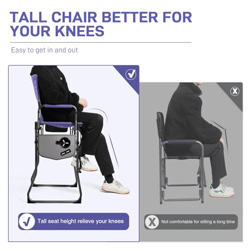 EVER ADVANCED Portable 30.7" Seat Height Tall Folding Camping Chair Directors Chair High Foldable Bar Stool with Side Table for Makeup Artist, Sports Event, Craft Show, Supports 350LBS - color: Purple