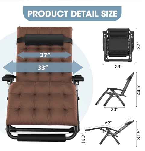 Oversized Zero Gravity Chair, 33In XXL Padded Lounge Chair, Recliner Chair W/Cushion& Storage Bag, Footrest, Reinforced Full-Alu Alloy Lock, Larger Cup Holder, for Indoor Outdoor, 500lbs Max - color: 33in - Brown