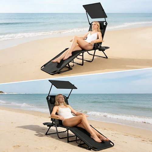 Outdoor Chaise Lounge Chair with 4-Position Adjustable Backrest,Patio Folding Sun Tanning Chair,Pillow & Cup Holder,Portable Recliner Sunbathing Lounger Chairs for Beach Garden (Black with Shade) - color: Black With Shade