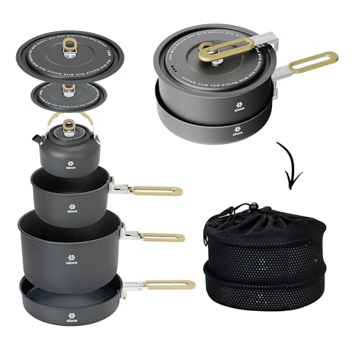 Alocs Camping Cookware Set - Lightweight Camping Pots and Pans - Portable Outdoor Cookware with Kettle - Camping Cookware Mess Kit for 2 - style: Signature Series (4-piece)