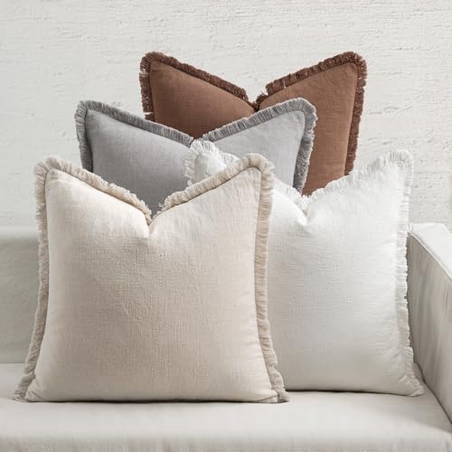 MIULEE Decorative Couch Pillow Covers Neutral Linen Fringe Throw Pillows Set of 4 Modern Cushions Boho Farmhouse Pillowcases for Bed Sofa Living Room Spring Home Decor 18x18 Inch Beige/Brown/Grey - color: Neutral, size: 18" x 18" (Pack of 4)