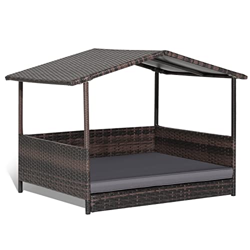 Giantex Wicker Dog House, Raised Rattan Dog Bed with Waterproof Roof, Washable Cushion Cover, Steel Frame, Indoor Outdoor Elevated Dog Bed Pet House for Small Medium Dogs Cats, Easy Assembly - style: Brown House & Gray Cushion