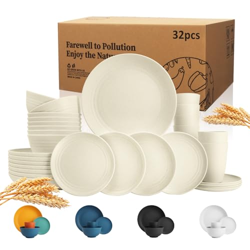 Wrova Wheat Straw Dinnerware Sets of 32,Dishwasher Safe Alternative Plastic Dishes Set Service for 8,Unbreakable Dinner Plates and Bowls Sets for Kitchen,Party,Camping,RV. Beige - color: Beige, size: 32 Pack