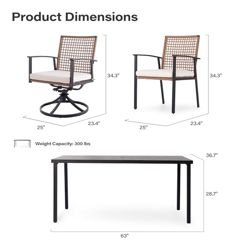 LAUSAINT HOME 7 Pieces Patio Dining Set, Outdoor Furniture Set of 6 Wicker Chairs (2 of Them Swivel) with Soft Cushion and Iron Slats Table Top with Umbrella Hole, Conversation Set for Backyard - color: Pe Rattan Black Fixed+swivel Chairs, size: 7-Piece