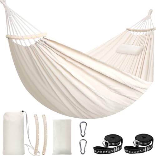 Chihee Hammock for Stand 9.8ft x 4.9ft Soft Cotton Hammock Holds Up to 660lbs Portable Tree Hammocks with Detachable Spreader Bar Pillow 2 Strong Webbings 2 Carabiners Patio Garden Indoor Outdoor - color: Natural White, size: 300x150cm