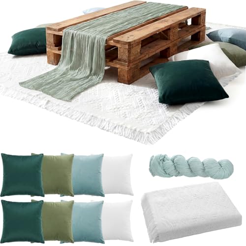 Moukeren 10 Pcs 71''x102'' Extra Large White Outdoor Boho Picnic Blanket with Green Table Runner 8 Throw Pillow Cover Oversized Washable Portable Beach Blanket for Valentine Picnic Camp Lawn Wedding - color: Green