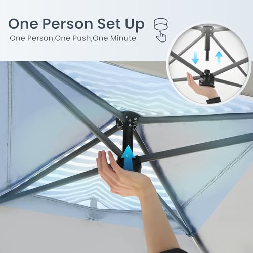 PHI VILLA 10x10 Pop Up Canopy Tent - One Push Setup, Instant Shade Tent with Vented Roof for Beach & Events - Includes Storage Bag, Sandbags, Stakes & Ropes (Navy Stripe) - color: Blue Stripe, size: 10×10 one push