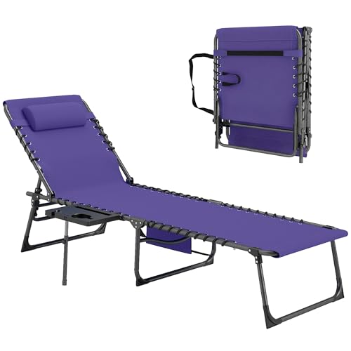 Outsunny Folding Chaise Lounge Chair Outdoor Tanning Chair with Side Table, 5-Level Adjustable Beach Lounge Chair with Headrest, Side Pocket for Patio, Backyard, Beach, Poolside, Purple - color: Purple