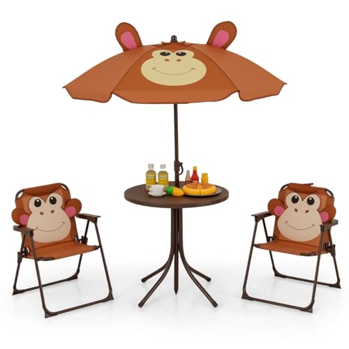 Costzon Kids Picnic Table, Kids Outdoor Table with 2 Folding Chairs, Height Adjustable Umbrella, Portable Children Outdoor Furniture for Patio, Garden, Backyard (Brown) - color: Brown Monkey