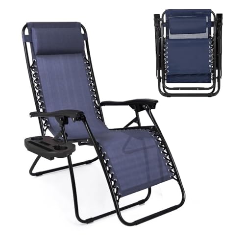 Zero Gravity Lounge Chair Adjustable Outdoor Reclining Chair Folding Patio Anti-Gravity Indoor Outdoor Lounge Chair w/Pillow, Cup Holder (One Chair - NavyBlue) - color: One Chair - Navyblue
