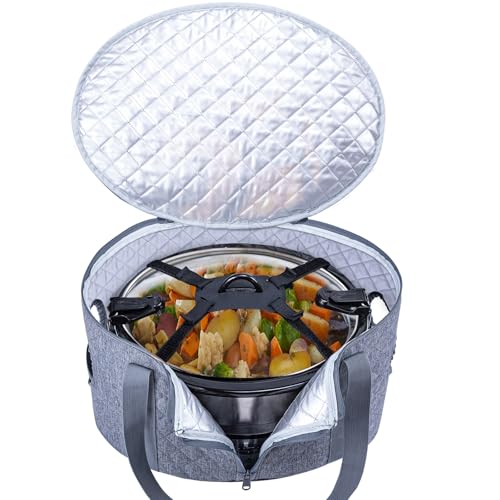 BAGSPRITE Slow Cooker Carrying Case Compatible with 6-8 Quart Crockpot Carrier for Hot Food and Hamlton Beach Slow Cooker Tote with Lid Fastener for Crock-pot Dust Cover Applicances - color: Grey