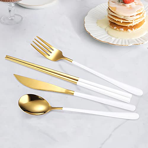 AARAINBOW 6 Pieces 18/8 Stainless Steel Flatware Set Portable Reusable Cutlery Set Travel Utensils Set Including Chopsticks Knife Fork Spoon Straws Cleaning Brush Dishwasher Safe (White golden) - color: White golden