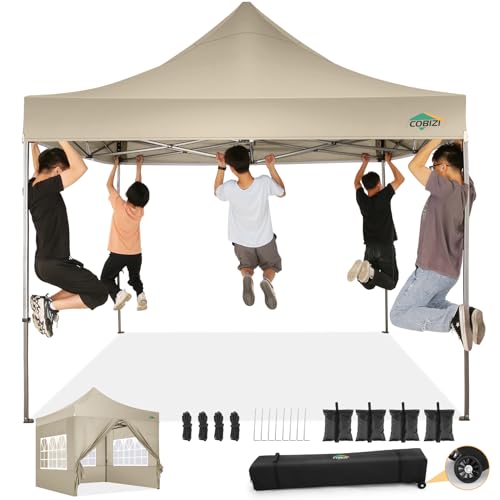 COBIZI 10x10 Pop Up Canopy Tent with 4 sidewalls Commercial Heavy Duty Canopy UPF 50+ All Weather Waterproof Outdoor Canopy Wedding Tents for Parties Gazebo with Roller Bag, Khaki (Windproof Upgraded) - color: Khaki, size: 10x10 With Sidewalls