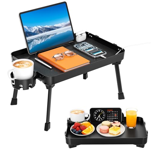 KDD Bed Tray Table with Folding Legs,Breakfast Tray with Removable Cup Holder & Phone Tablet Holder,Foldable Lap Tray for Bed, Sofa,Laptop Desk,Working,Snack, Kitchen Serving Tray,TV Table,Reading