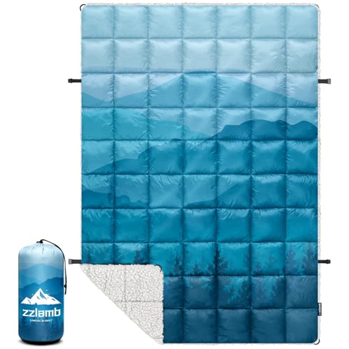 zzlamb Outdoor Camping Blanket with Sherpa Lining,Puffy Thick Camp Quilt for Sleeping,Packable Warm Wearable Fleece Blankets for Cold Weather,Traveling,Backpacking,Picnics,Beach,Stadium 52x75in - color: Cyan Ridge Fade