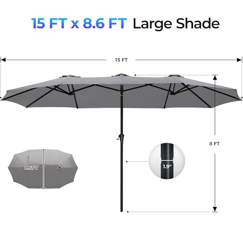 SUPERJARE 15FT Outdoor Umbrella for Patio, Double sided Pool Umbrellas with Fade Resistant Canopy, Large Table Umbrella for Deck, Market, Backyard - Gray(No Base) - color: Gray, size: 15FT