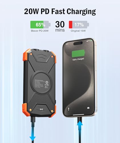 BLAVOR Solar Power Bank 10,000mAh, Portable Wireless Charger, 20W Fast Charging External Battery Pack with USB C for Cell Phones, Solar Panel Charging with Dual Flashlight for Camping - color: Orange
