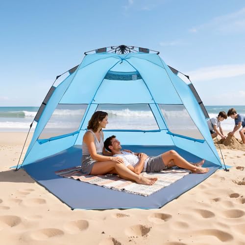 VEVOR Beach Tent Sun Shelter for 4 Person, Pop Up Beach Tent UPF 50+, Portable Sun Shade Beach with Carrying Bag and Sand Pockets, Easy Setup Umbrella for Camping Fishing Outdoor Picnic - size: 4 Person(Pop Up)