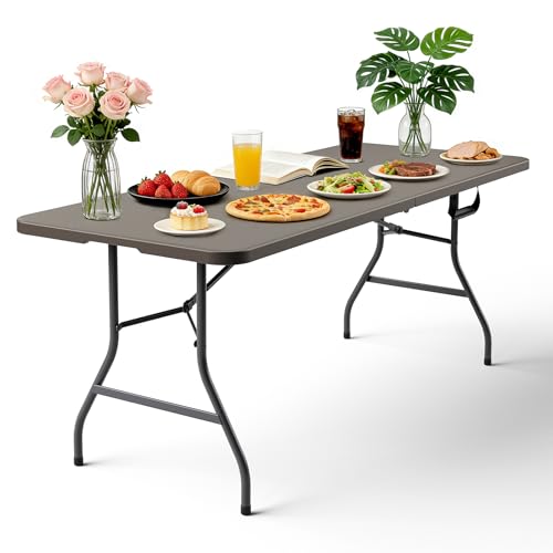 Folding Table 72" x 30" - Heavy Duty Plastic Table with Handle, Foldable&Portable, Fold-in-Half Utility Tables for Outdoor, Dining, Wedding, Events, Indoor, Picnic, Camping, Party, Khaki - color: Khaki, size: 72in x 30in