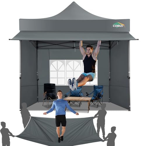 COBIZI 10x10 Pop Up Canopy Tent with Awning & Sidewalls, Heavy Duty Commercial 10X10 Canopy Tents Instant Waterproof, UPF 50+ Sun Shade for Outdoor, Parties, Markets (Gray) - color: Gray, size: 10x10FT with 3 Sidewalls & 1 Awning Cloth