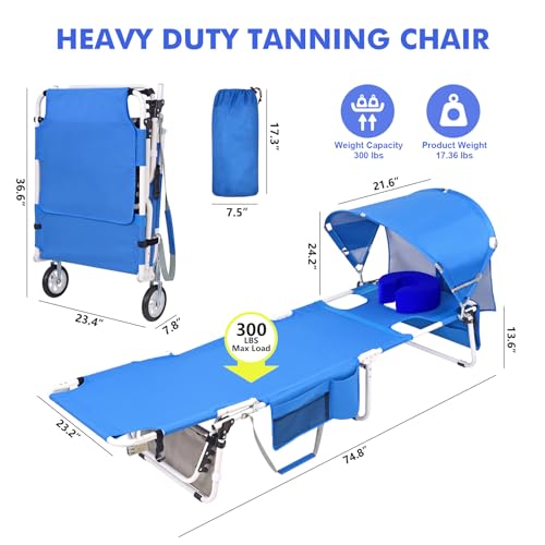 Wheel-To-Go Tanning Chair with Wheels Sun Canopy Umbrella Face Hole Thicker Washable Adjustable, Heavy Duty Folding Lay Flat Sun Lounge Chair Beach Outside Sunbathing Reading, UPF 50+ (Patent Design) - color: Royal Blue, style: Standard Size + Sun Canopy