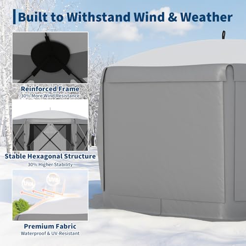 GarveeLife 11.5x11.5FT 6-Sided Pop Up Gazebo Tent，One-Push Setup Canopy Tent with Mesh Panels & Removable Wind Cloths, Outdoor shelter for Camping, Backyard Parties, Outdoor Events - Grey - color: Gray, size: Traditional Top - 11.5ft