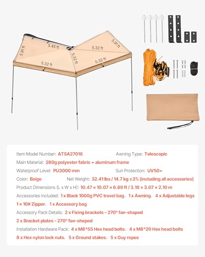 VEVOR 270 Degree Awning, 52 sq.ft Driver Side Vehicle Awning, Waterproof UV50+ Car Side Awnings with Carry Bag, All-Weather Free-Standing Overland Awnings Car Shelter for SUV Van Truck Camping - color: Khaki 270° 10.5*5.3ft Car Awning