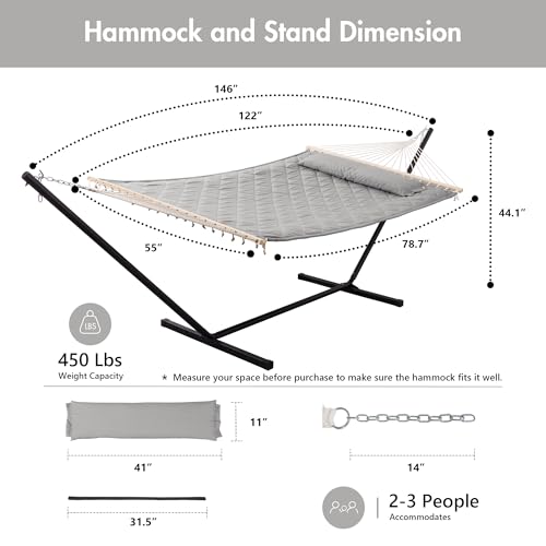 ANOW Double Hammock with Stand 12FT, Heavy Duty Hammocks with Stand for Outdoors, 450 LBS Weight Capacity, Light Gray - color: Light Gray, size: 2 Person With Stand