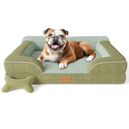 CWAWZ Dog Beds for Large Dogs, Orthopedic Dog Bed with Cooling Gel Memory Foam, Waterproof Large Pet Bed with Removable Washable Cover, 36" Pet Sofa Couch Dutch Velvet with Bone Toy, Dark Green - color: Dark Green, size: Large(36"l X 27"w X8.5"th)