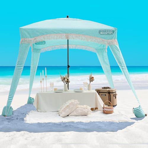 OutdoorMaster Beach Cabana with Fringes, Portable 6' x 6' Beach Canopy for Sand, Easy Set Up Beach Shelter, Included Side Wall, UPF 50+ UV Protection Sun Umbrella - for Family & Friends - color: Stripes