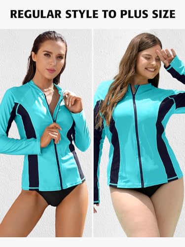 ATTRACO Women's Rashguard Swimsuit Zip Front Sun Protection Swim Shirt UPF 50+ - color: Aqua, size: Small