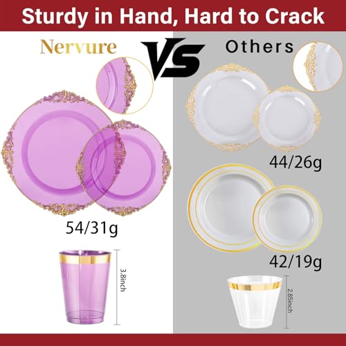 Nervure 350PCS Purple Plastic Plates - Purple Plastic Dinnerware Sets for 50 Guests - 100 Disposable Plates, 150 Gold Silverware, 50 Cups, 50 Napkins for Wedding & Party - color: Purple