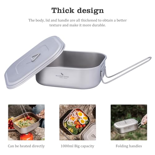 iBasingo 1000ml Titanium Military Mess Tin Outdoor Camping Cookware with Lid & Folding Handle Lightweight Frying Pan Single Layer Square Lunch Box Portable Hiking Backpacking Cooking Kit Ti2084C