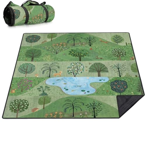 Picnic Blankets Waterproof Extra Large, 80"x 80" Outdoor Beach Blanket Sandproof Oversized Foldable Lightweight Portable 3-Layer Camping Mat for Parks,Hiking,Travel,Music Festival(Forest) - color: Green Forest, size: 6'8" x 6'8" (Square)