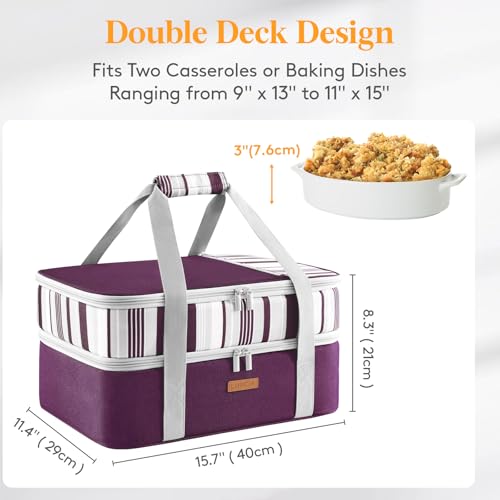 LUNCIA Insulated Double Decker Casserole Carrier, Lasagna Lugger Tote Keeps Food Hot or Cold, Thermal Lunch Bag for Potluck Parties, Picnic and Cookouts, Fits 9" x 13" Baking Dish, Purple - color: Purple, size: 15.7 X 11.4 X 8.3inch