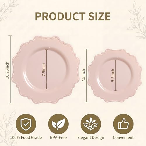 COLOSUS 100 pcs Pink Plastic Plates Set, Nice Disposable Plates,Pink Disposable plates Set for 50 Guest include 50 Dinner Plate 10.5 &50Dessert plates 8.25 for Party,Wedding, Birthday,Mother's Day - color: Pink