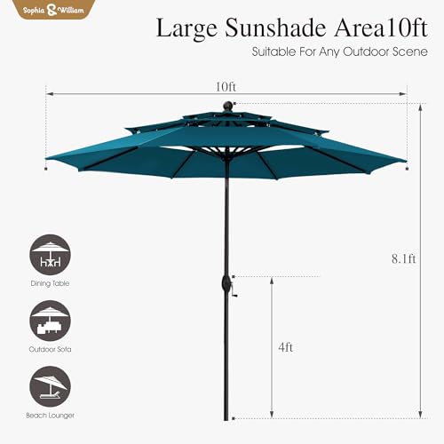 Sophia & William 10ft 3 Tier Auto-tilt Patio Umbrella,Wind Resistent,Outdoor Patio Umbrellas Double Vented Umbrella with Crank for Pool Garden Backyard, Cyan-blue - color: Cyan