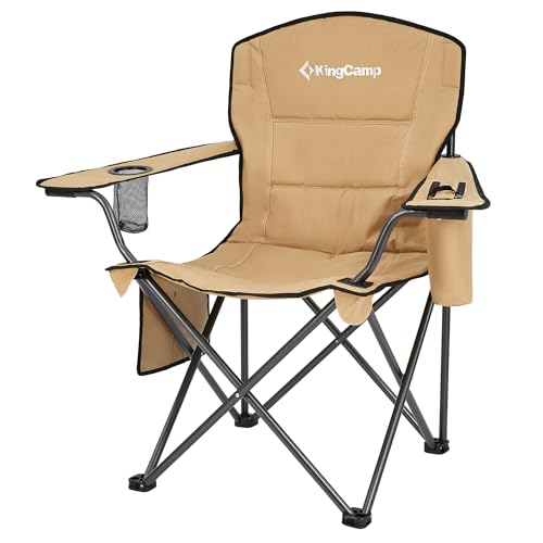 KingCamp 2 Pack Oversized Camping Chair for Adults Folding Chairs Heavy Duty 300lbs Camp Chair Padded Outdoor Chair with Cooler Bag, Cup Holder, Side Pocket for Garden Fishing Picnic Sports… - color: Khaki, size: 2 Pack