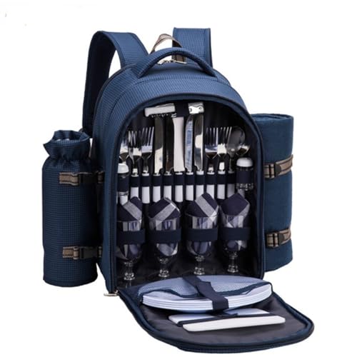 Picnic Backpack for 4 with Plates and Cutlery, Insulated Cooler Bag with Blanket & Wine Holder, All-in-One Outdoor Dining Set for Camping, Beach, Tailgating - 25L (Blue) - color: Blue