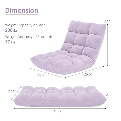 Giantex Floor Chair with Back Support, 14 Adjustable Position, Padded Sleeper Bed, Couch Recliner, Folding Gaming Floor Chairs for Adults, Living Room, Bedroom, Yoga, Meditation, Light Purple - color: Light Purple, size: 26.5"x22.5"x22"