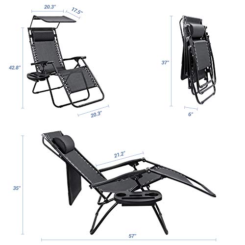Homall Zero Gravity Chair Patio Lawn Chair Lounge Chair Folding Recliner Adjustable Outdoor with Canopy Shade,Cup Holder (Black) - color: Black