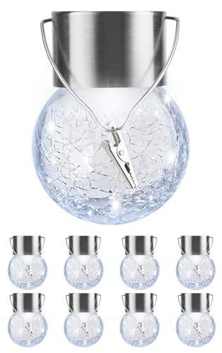 Solar Lights Outdoor Hanging Decorative Globe 8 Pack, Waterproof Solar Lantern with Handle and Clip, Solar Powered Glass Ball Lights for Garden Yard Fence Tree Umbrella Holiday Décor, Cold White - color: Cold White, size: 8
