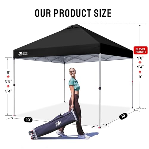 CROWN SHADES 10x10 Pop Up Canopy - Beach Tent with One Push Setup - Easy Outdoor Sun Shade for Events, Parties, Camping - Gazebo with STO-N-Go Cover Bag, Silver Coated Top, Black - color: Black, size: 10x10