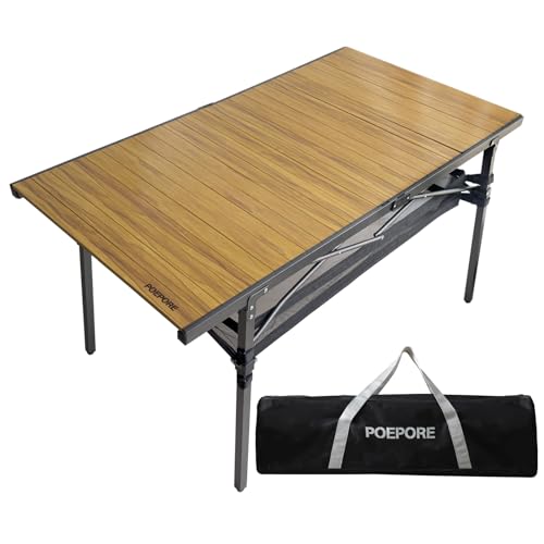 Large Folding Camping Table Aluminum with Storage for 4-6 People 55"X27.5" Roll Up Tall Outdoor Portable Table Lightweight with Carry Bag for Picnic BBQ Backyard Beach - color: Natural-55*27.5-2.08in Panel