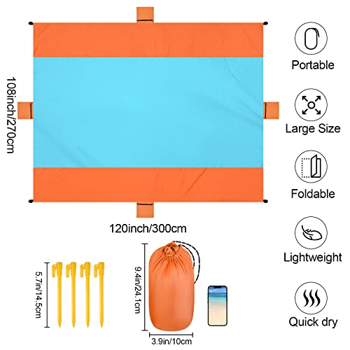 ACH Beach Blanket Waterproof Sandproof Extra Large Beach Mat Oversized 120"×108" Portable Lightweight Outdoor Family Mat for Indoor Outside Picnic Camping Hiking Travel - color: Orange
