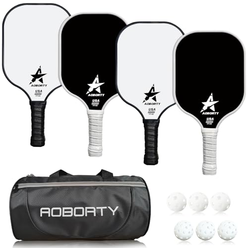 AOBORTY Pickleball Paddles 4 Pack - USAPA Light Graphite Premium Rackets Fiber Face & Polymer Honeycomb Core Pickleball Set with 4 Outdoor Indoor Balls Including Portable Carry Bag - color: Black and White