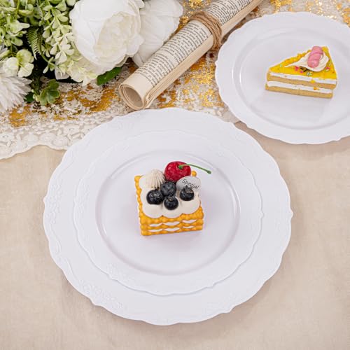 U-QE 100 Pieces White Plastic Plates - White Disposable Plates - Premium Hard Plastic Disposable Plates for Wedding and Party Use Including 50 Dinner Plates 10 '' & 50 Dessert Plates 7.5 '' - color: White