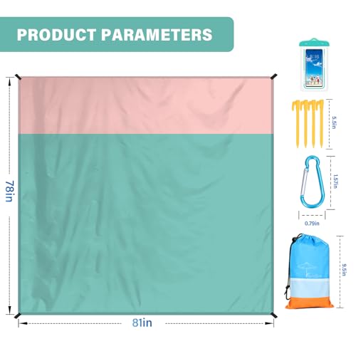 Famstar Beach Blanket Oversized Extra Large 78" X 81",Waterproof Sandproof Beach Blanket 1-7 Adults Lightweight Durable for Travel Camping Hiking Picnic - color: Green Pink, size: 78" X 81"